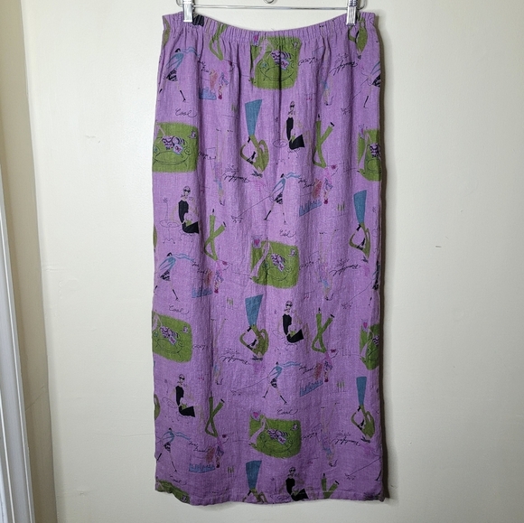 Vintage Tom Tom Linen Skirt L Artsy Cafe Print Straight Midi 90s USA - Picture 6 of 9